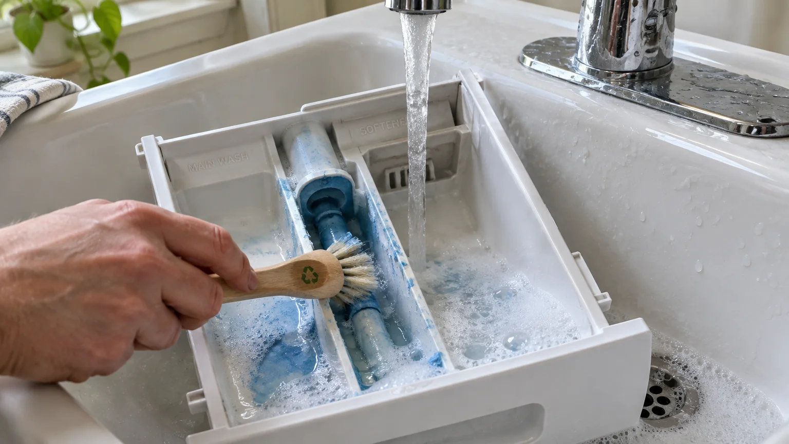 A person scrubs a washing machine detergent dispenser drawer with a small brush under running water in a white sink.