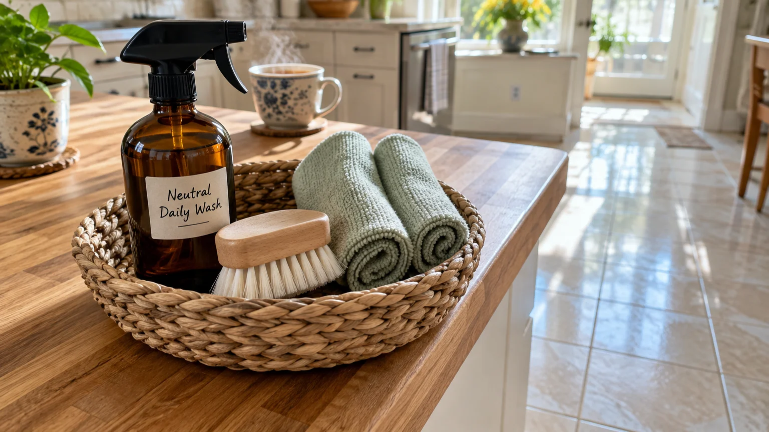 A woven basket on a wooden counter holding a spray bottle labeled Neutral Daily Wash, a scrub brush, and rolled cloths.
