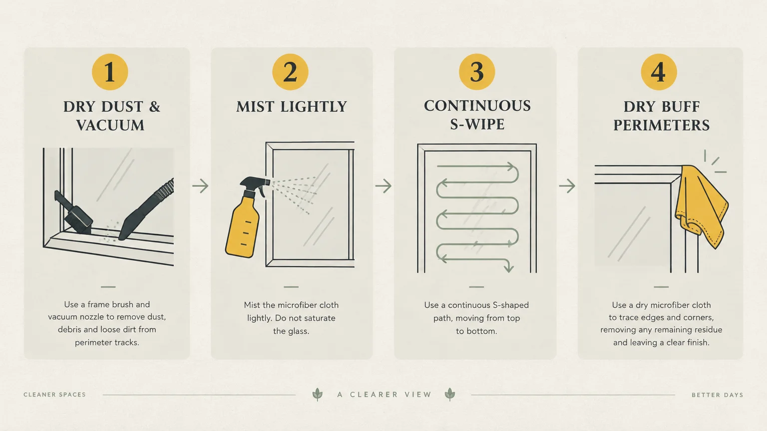 Four-step diagram showing dry dusting, misting lightly, continuous S-wiping, and dry buffing window perimeters.