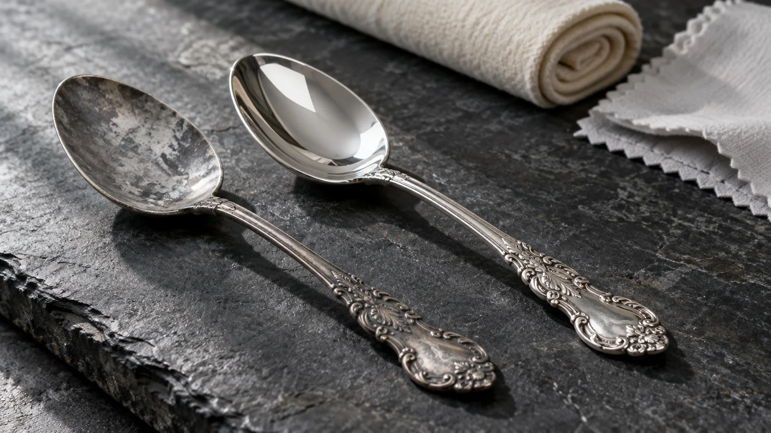 A tarnished vintage spoon rests beside a polished, reflective silver spoon on a dark textured slate surface.
