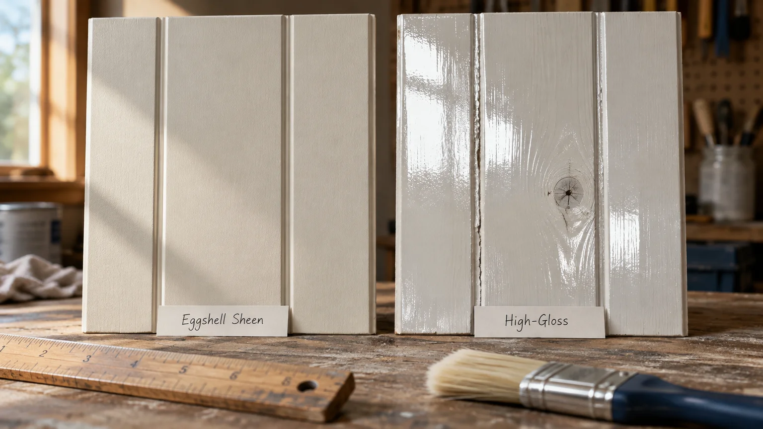 Two white painted wood panel samples labeled eggshell sheen and high-gloss sitting on a workbench with a brush.