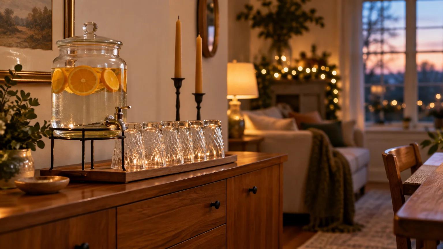 Glass beverage dispenser filled with citrus water and drinking glasses arranged on a wooden sideboard in a cozy room.