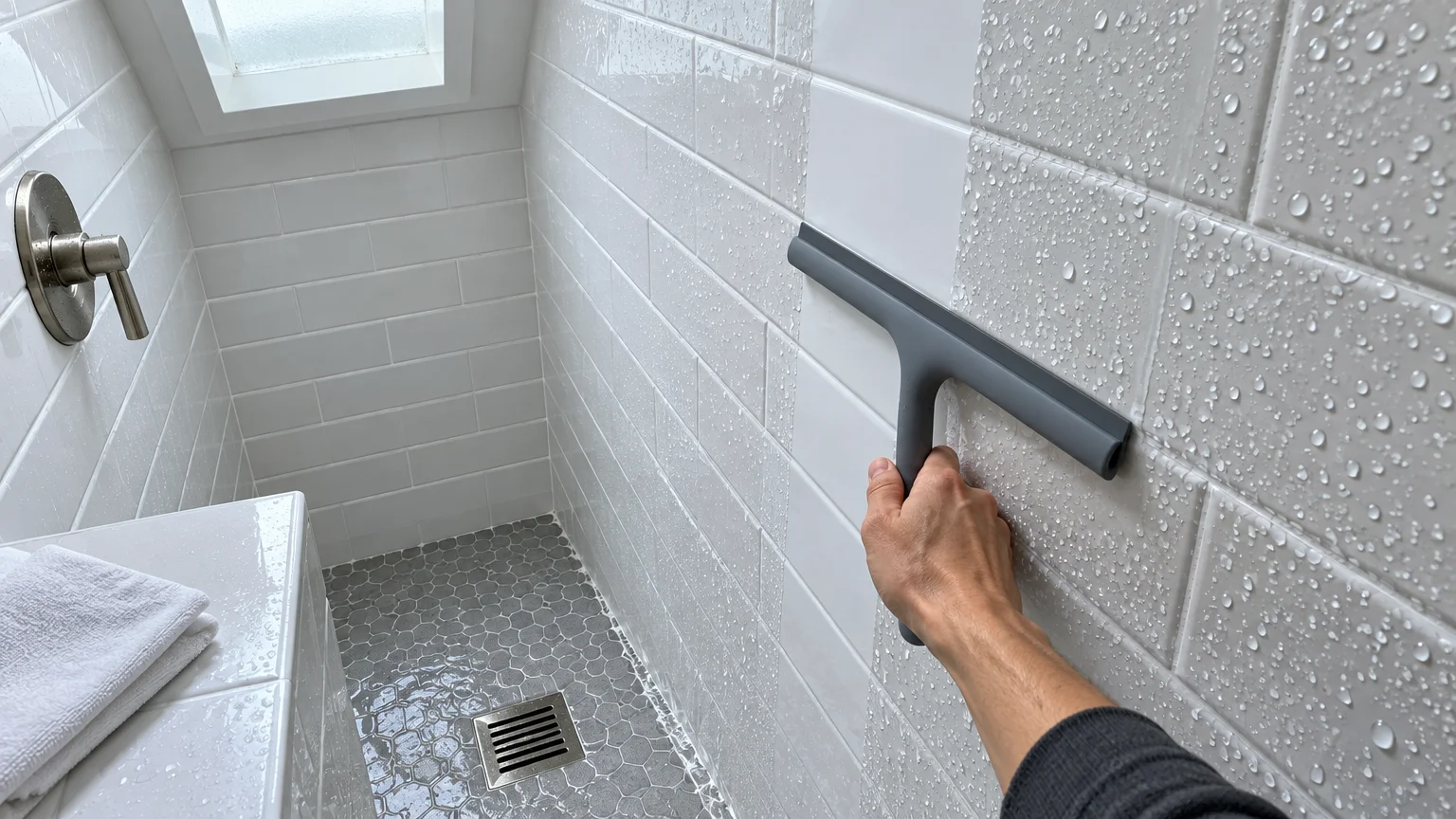A hand pulling a gray silicone squeegee down wet white subway tiles in a shower with gray hex floor tile.