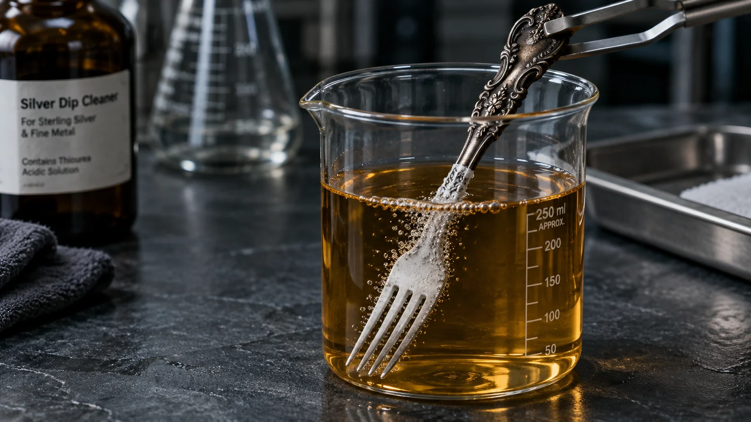 An ornate silver fork held with tongs submerges into an amber liquid inside a glass beaker, producing bubbles.