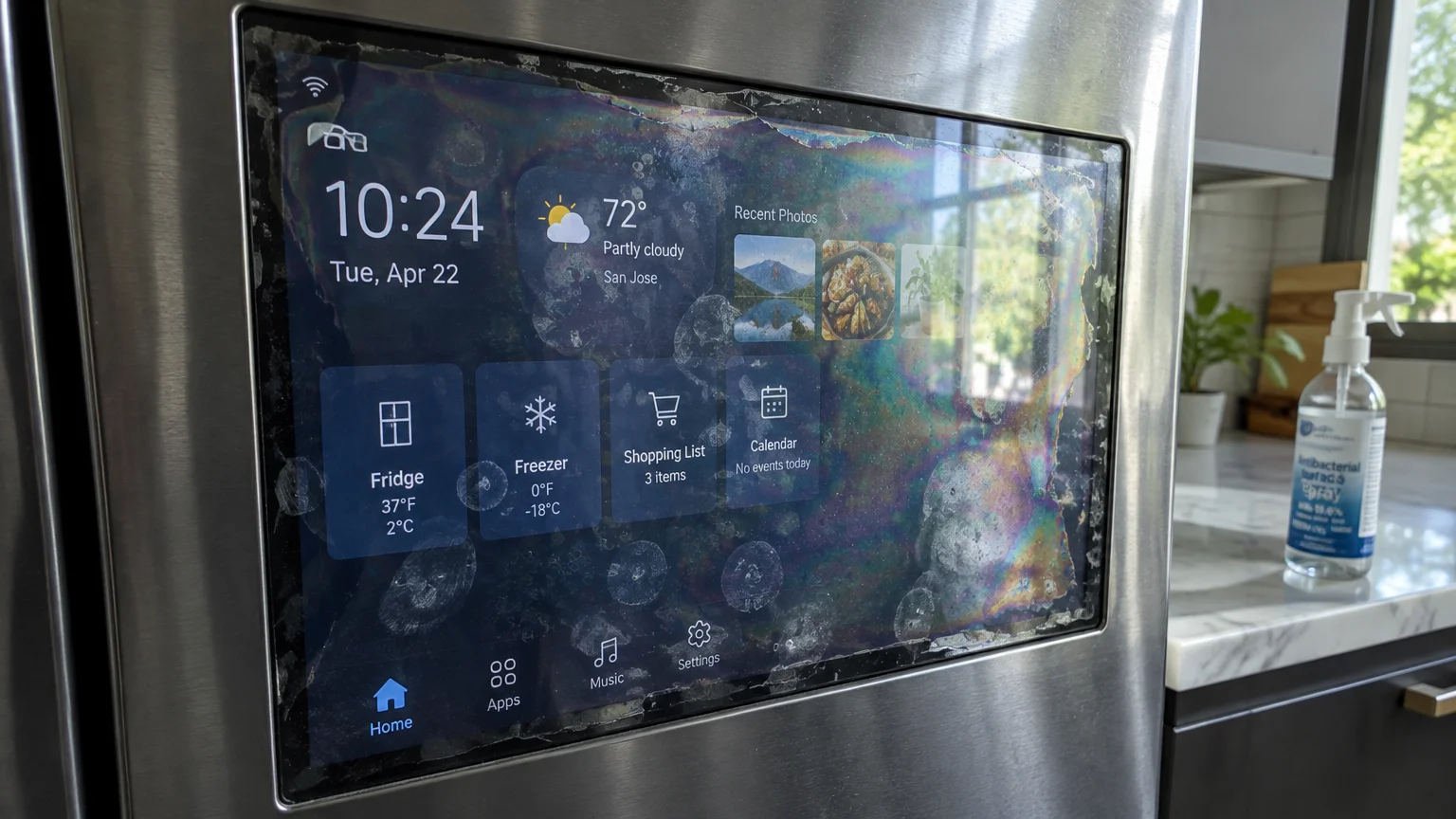 A stainless steel smart refrigerator touchscreen covered in rainbow discoloration, dried droplet stains, and peeled coating.