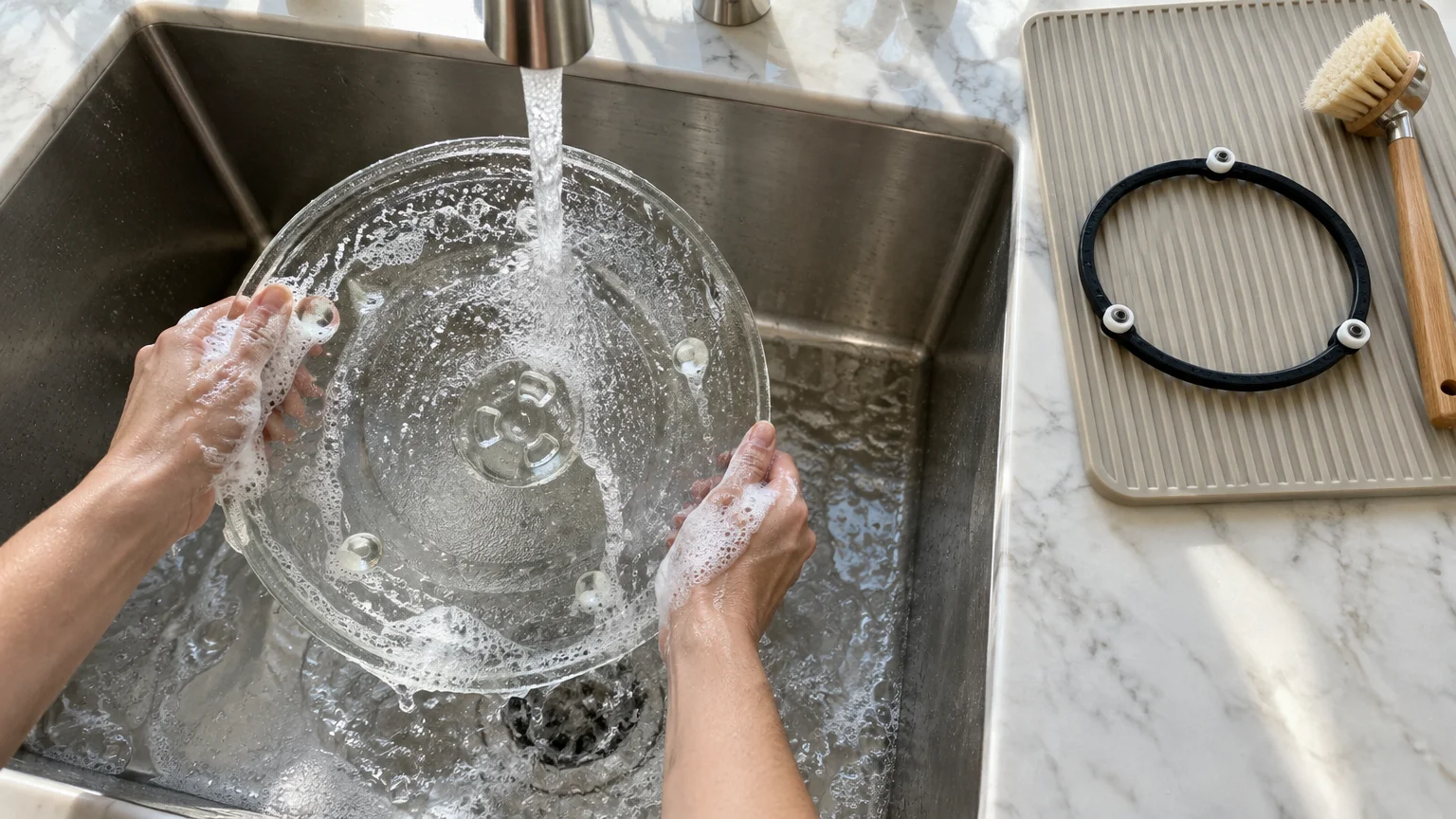 Soapy hands washing a clear glass microwave turntable under running water in a stainless steel sink.