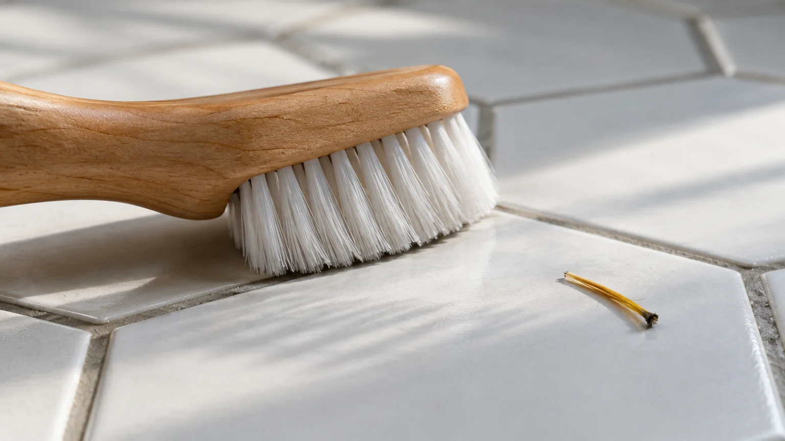 Wooden scrub brush with white bristles resting on white hexagonal tiles near a small stray tuft of yellow bristles.