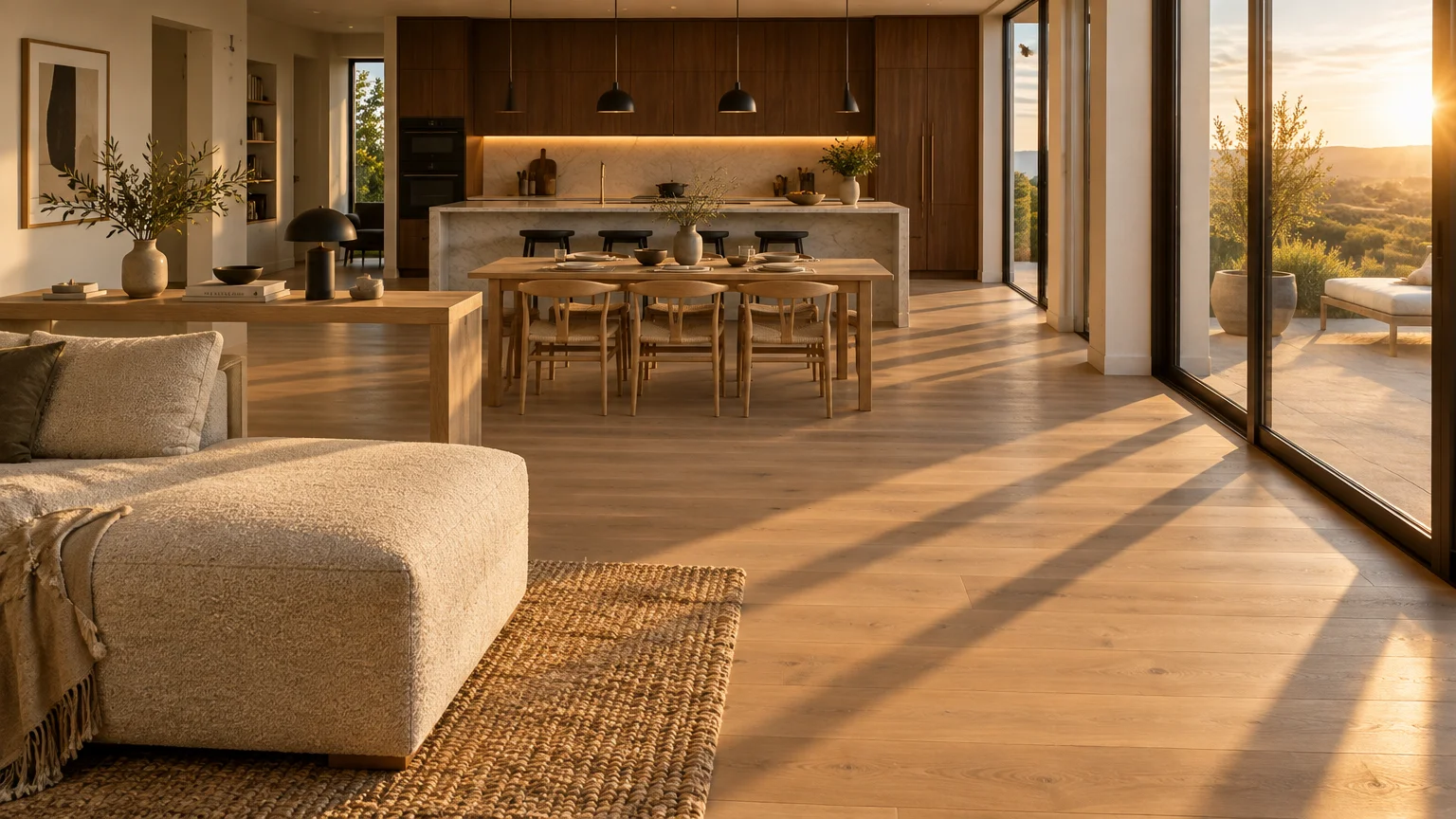 Sunlit open-concept living space with sectional sofa, dining table, and kitchen island beside sliding glass doors.