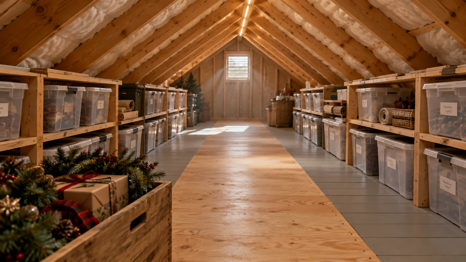 Organized attic with a central wood walkway flanked by wooden shelving units holding labeled clear plastic storage bins.