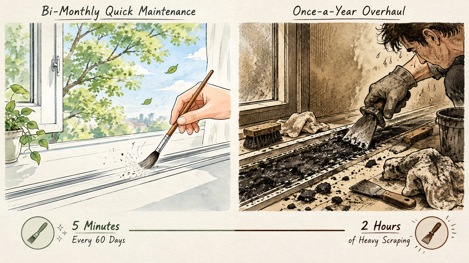 Split illustration contrasting an easy light brushing of a clean window track with a sweaty man scraping heavy debris.