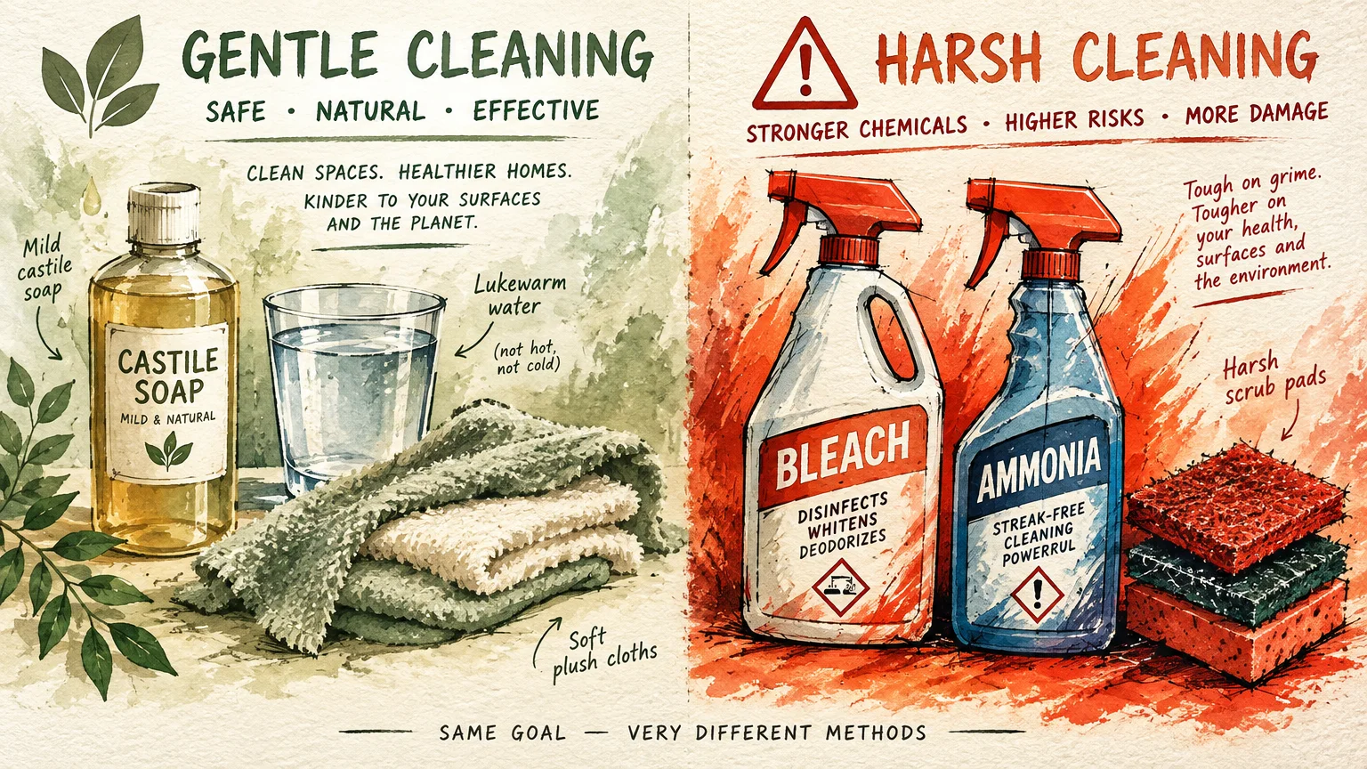 Illustration comparing gentle cleaning items like soap, water, and cloths to harsh bleach, ammonia, and scrub pads.