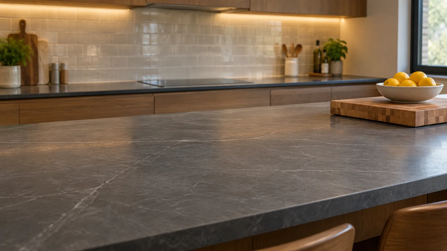 Close-up of a dark stone kitchen island countertop with wooden bar stools, a cutting board, and a bowl of lemons.