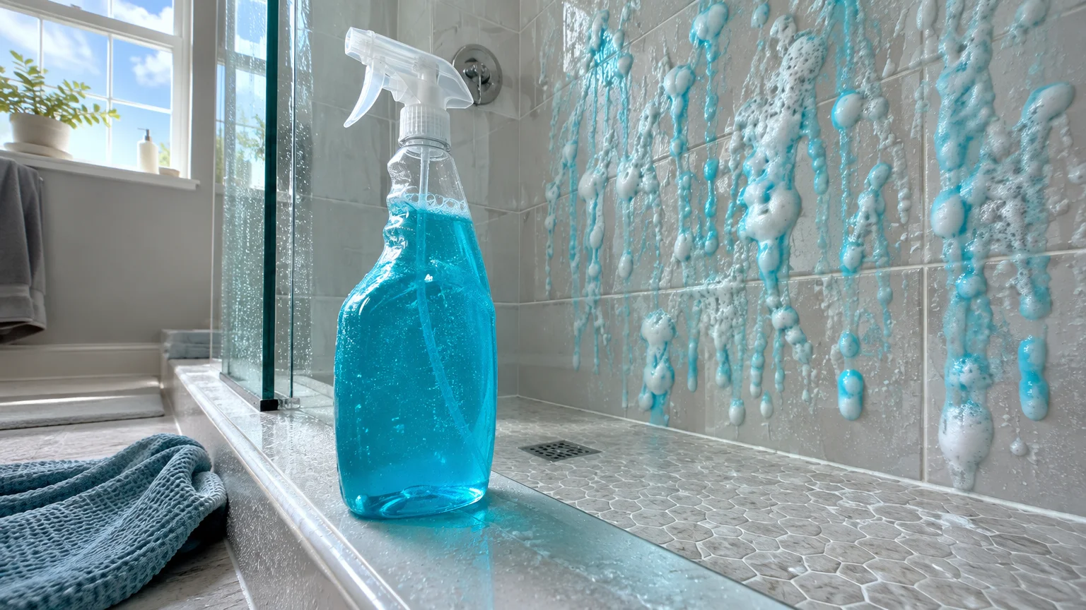Clear spray bottle with blue liquid sitting on the edge of a tiled shower next to walls covered in blue foam.