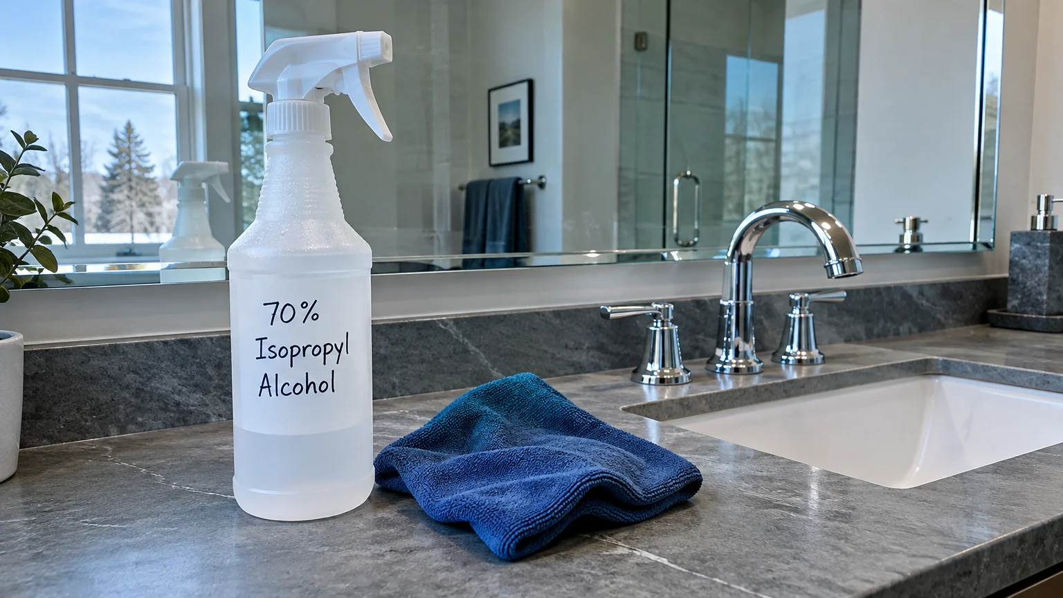 Spray bottle labeled 70% Isopropyl Alcohol sits on a marble bathroom counter next to a blue microfiber cloth and sink.