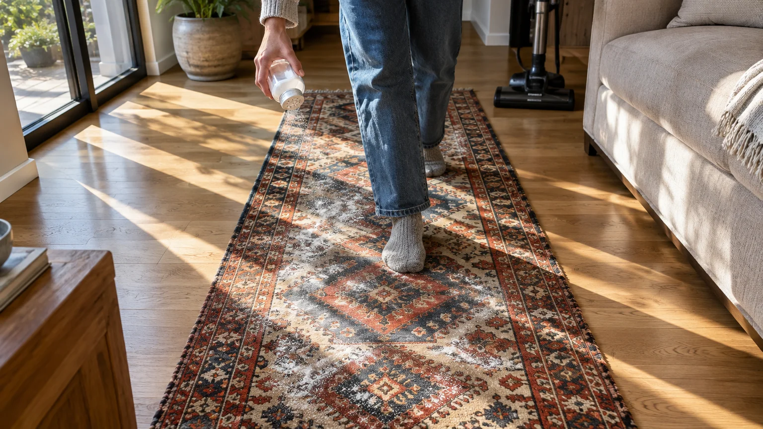 Person sprinkling white baking soda powder from a glass shaker onto a patterned hallway runner rug next to a vacuum cleaner.