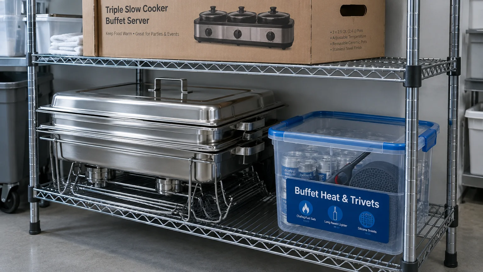 Wire shelving holding a boxed slow cooker, stainless steel chafing dishes, and a labeled clear bin of buffet supplies.