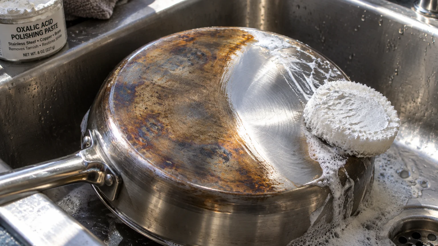 Stainless steel skillet in a sink, half scrubbed clean of dark burn marks with white cleanser paste and a sponge.
