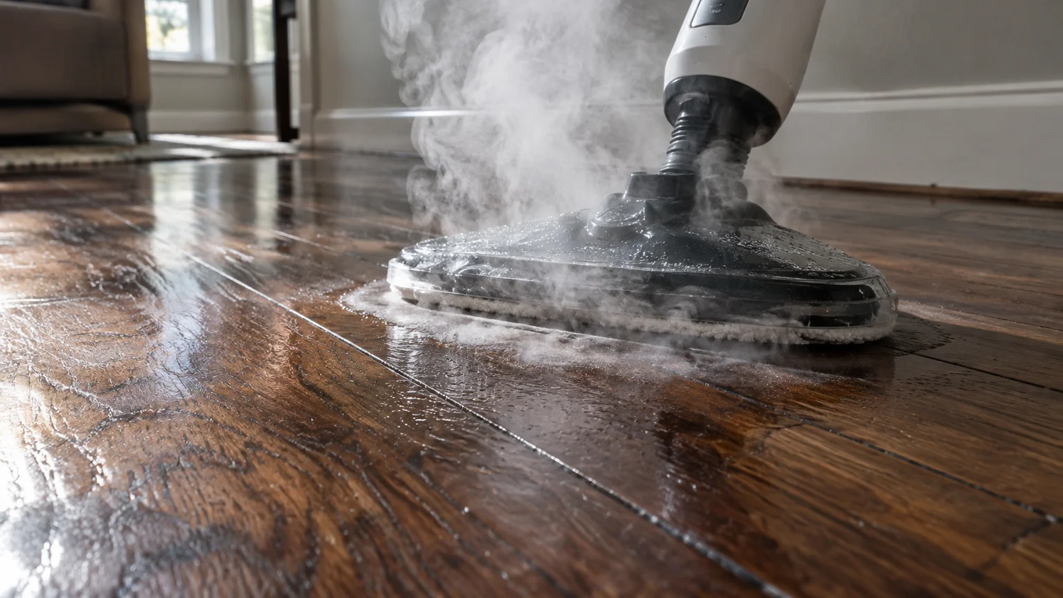 Steam mop emitting clouds of hot vapor across a wet dark hardwood floor.