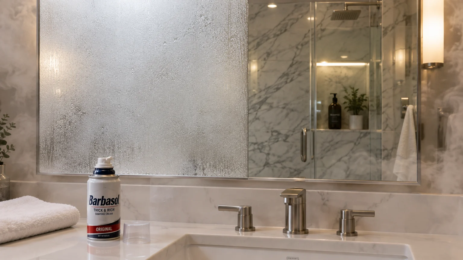 A can of shaving cream on a marble vanity before a bathroom mirror split between a fogged side and a clear side.