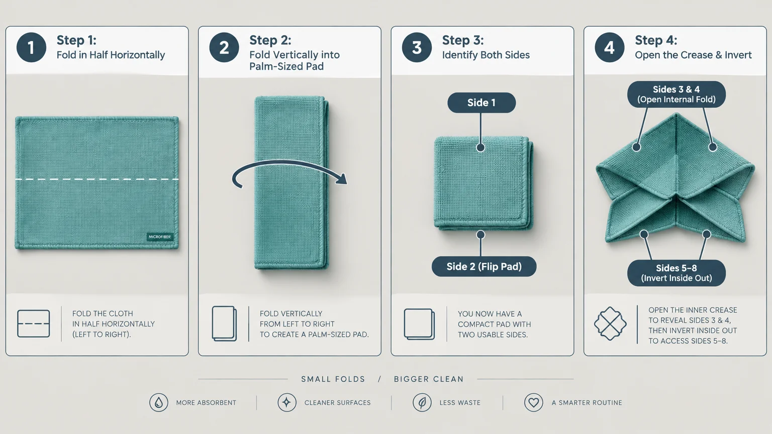 Four-step diagram showing how to fold a teal microfiber cloth horizontally, vertically, and inverted into eight sides.