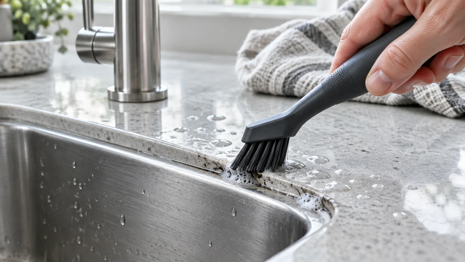 A hand uses a small, angled black brush to scrub soapy grime along the seam of a stainless steel kitchen sink.