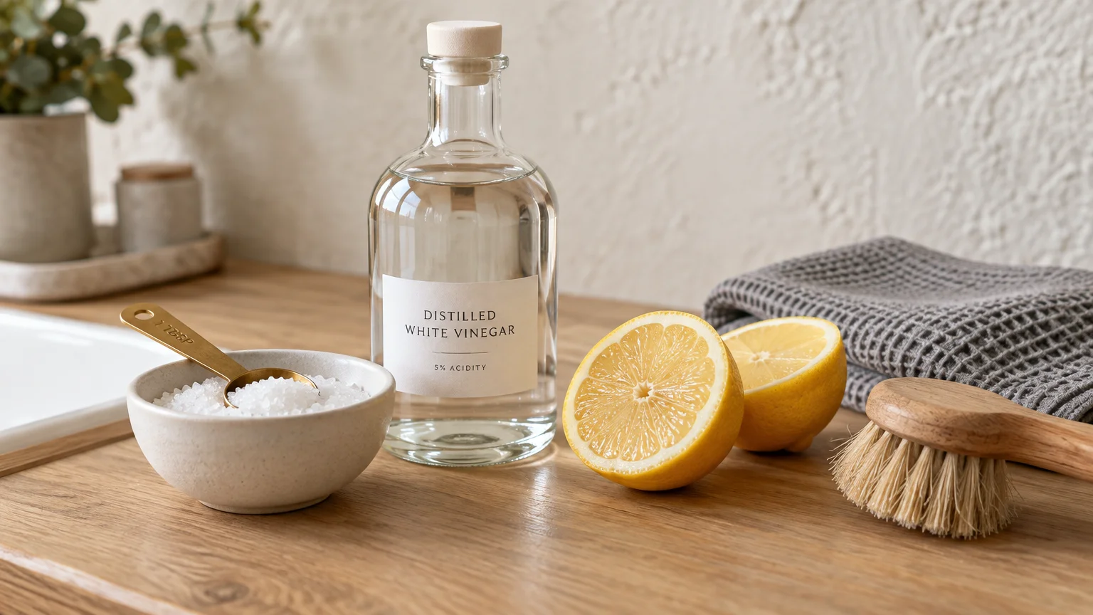 A bottle of distilled white vinegar, lemon halves, a bowl of coarse salt, and a wooden scrub brush on a wooden counter.