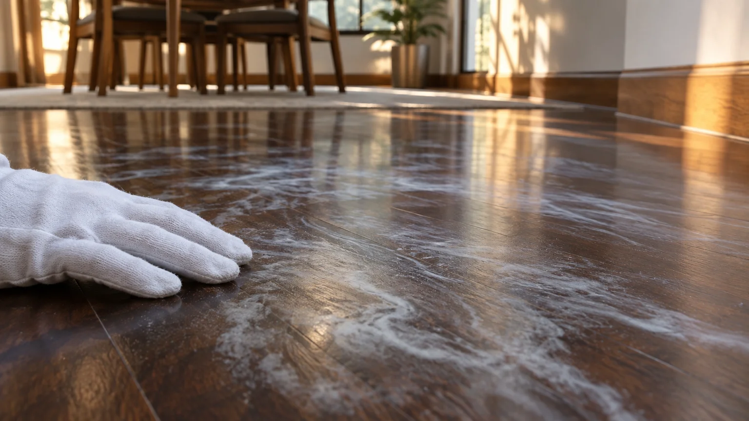 White-gloved hand resting on a dark hardwood floor covered in cloudy, streaky white soap residue.
