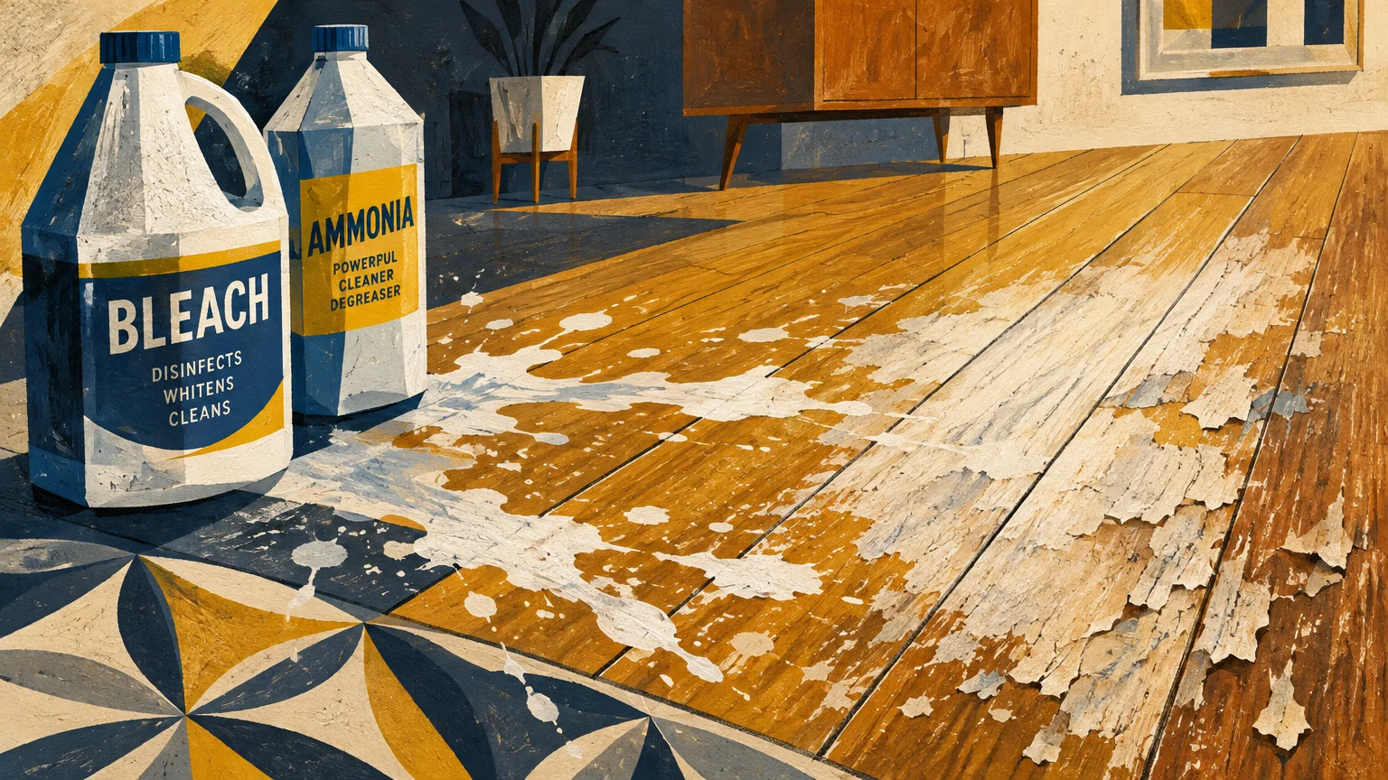 Illustration of bleach and ammonia bottles spilling white liquid onto wooden floorboards, stripping away the finish.