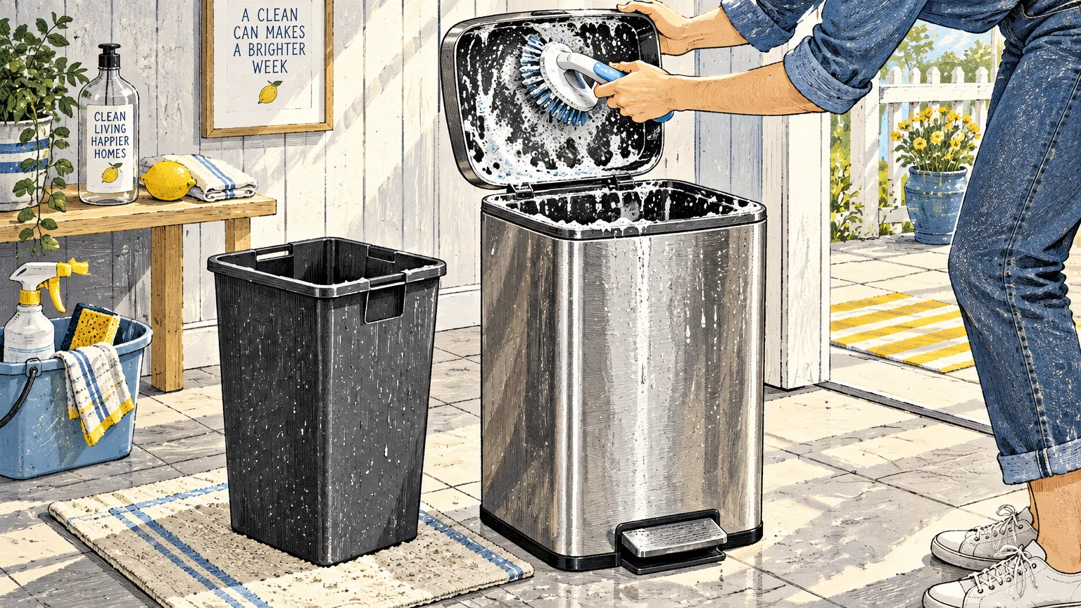 Illustration of a person scrubbing the soapy underside of a stainless steel trash can lid with a brush.