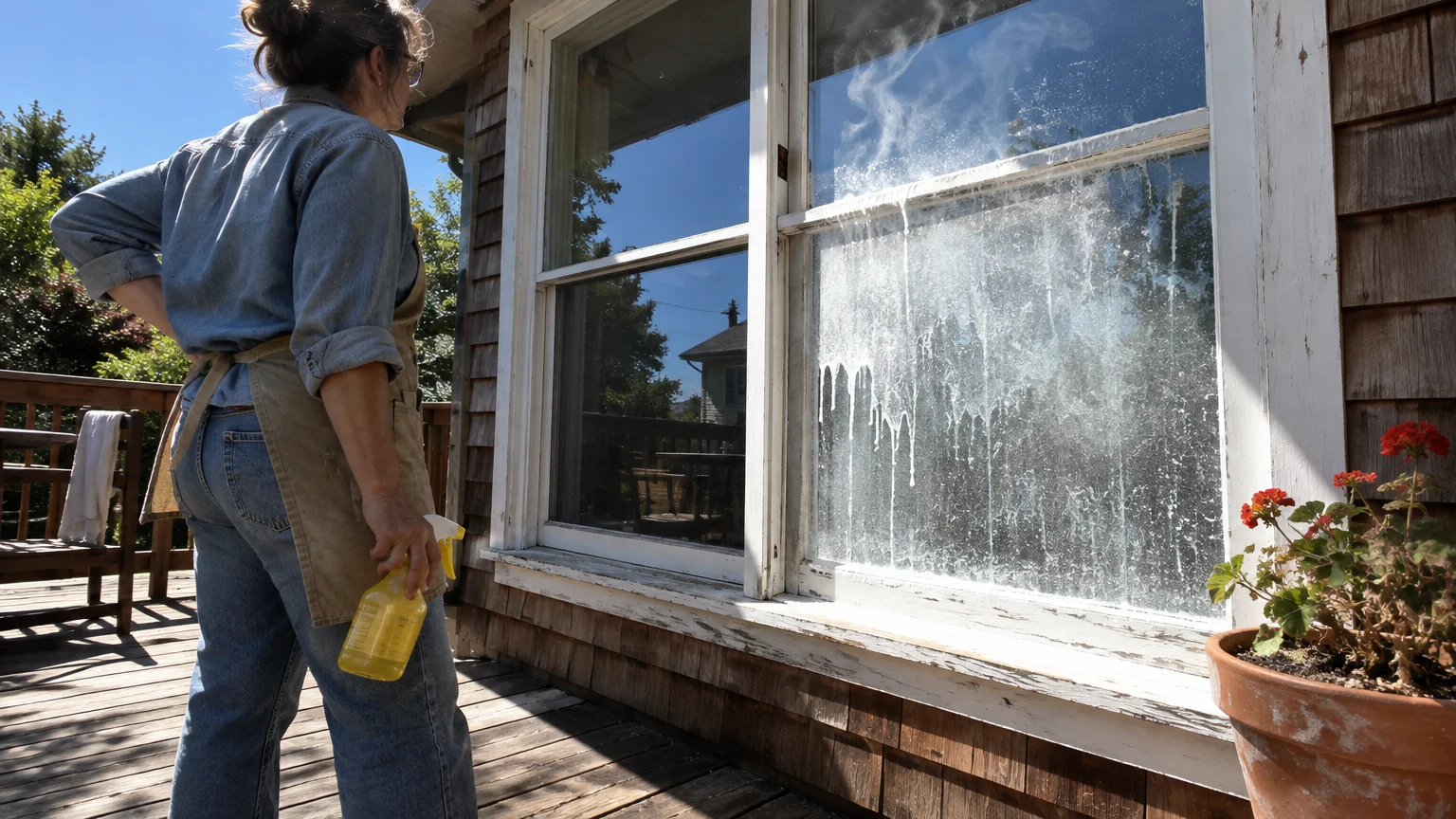 A woman on a sunlit deck holding a spray bottle looks at a streaky, steaming window pane covered in drying cleaner.