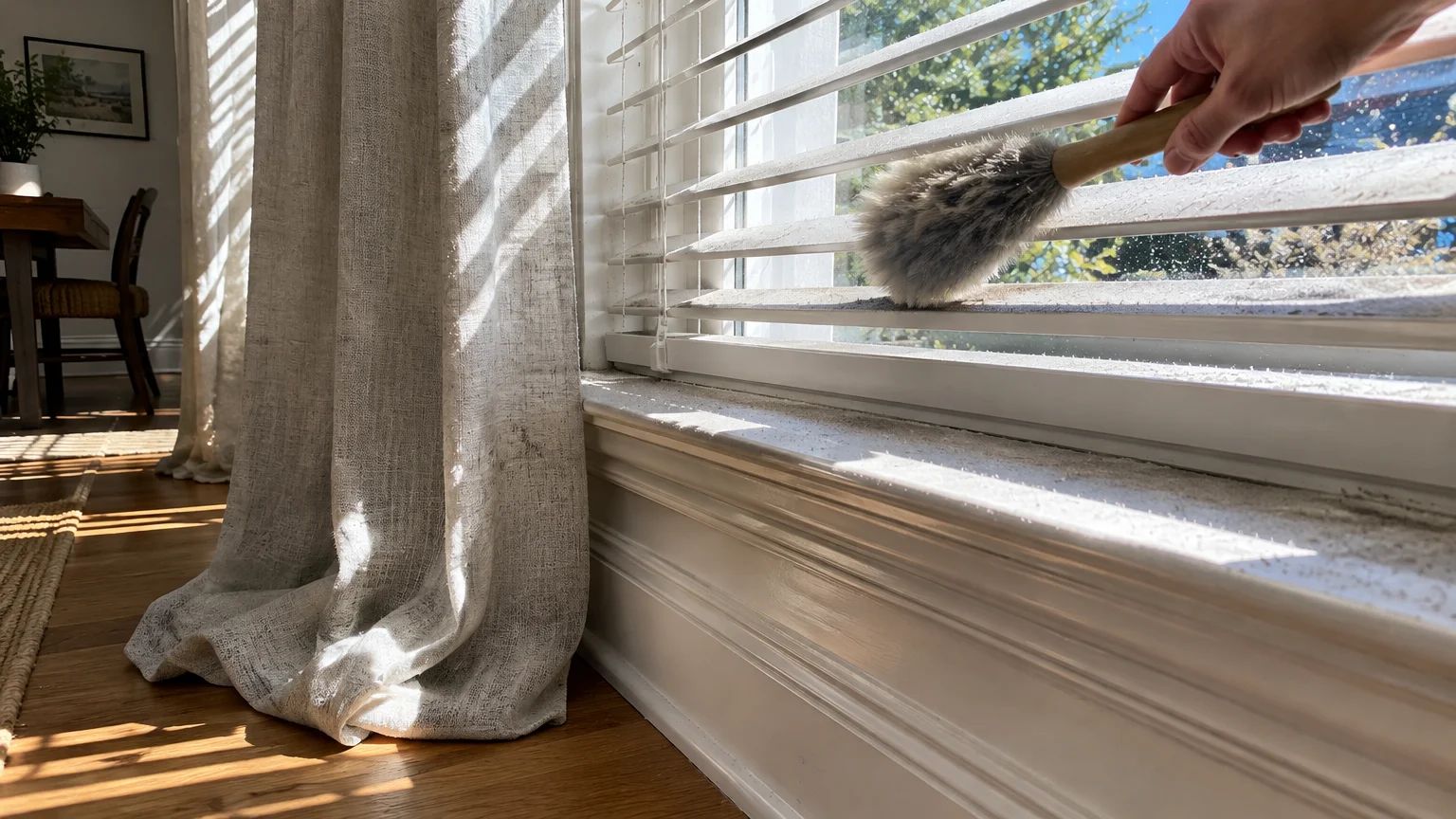 Hand using a small round duster on white window blinds above a sill and pooling drapery on a wood floor.