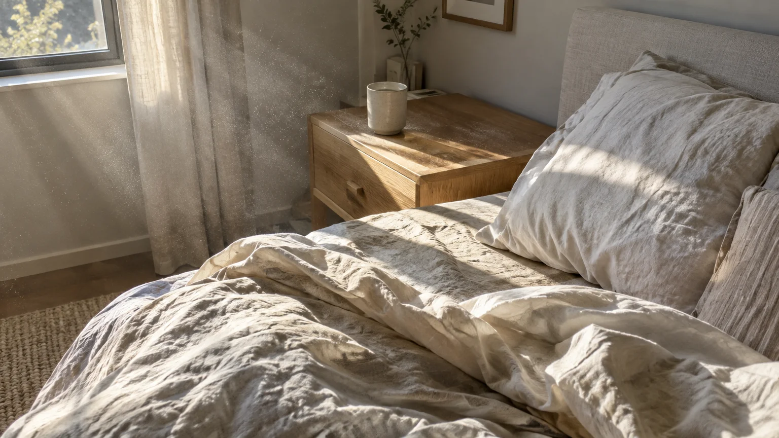 Unmade bed with linen sheets beside a wooden nightstand, with sunlight revealing dust particles in the air.
