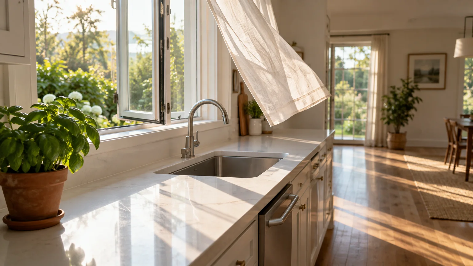 Sunlit kitchen sink by an open window with a breeze blowing a sheer white curtain.