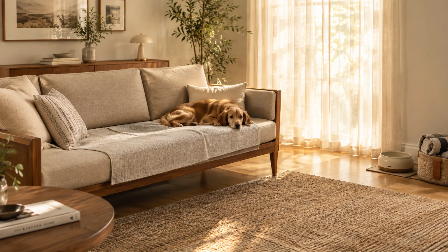 A golden dog lies on a blanket-covered sofa in a sunlit living room with hardwood floors and a jute rug.