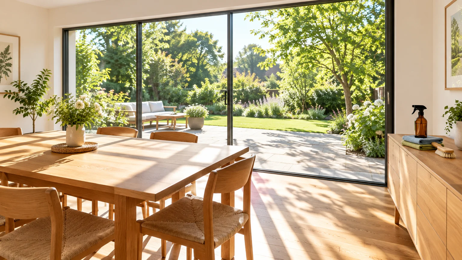Bright dining room with wooden table and large glass sliding doors opening to a sunny green garden patio.