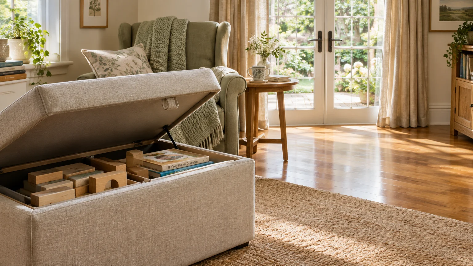 An open upholstered storage ottoman reveals wooden building blocks and children's books inside a sunlit living room.
