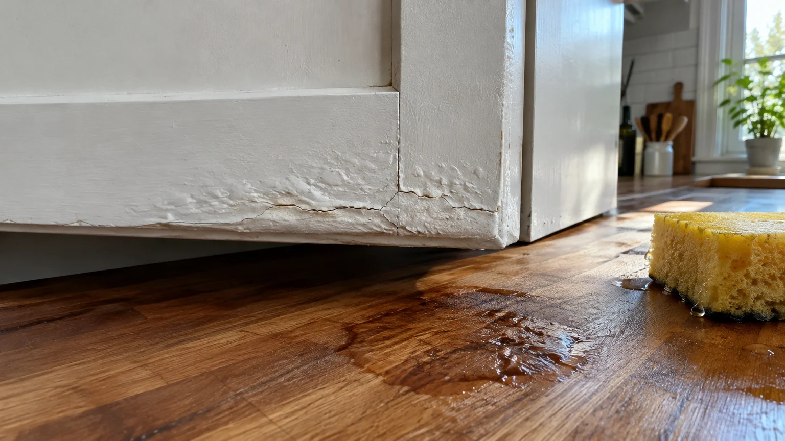 Cracked, bubbling white paint on a swollen cabinet corner above a wet wood countertop with a yellow sponge.