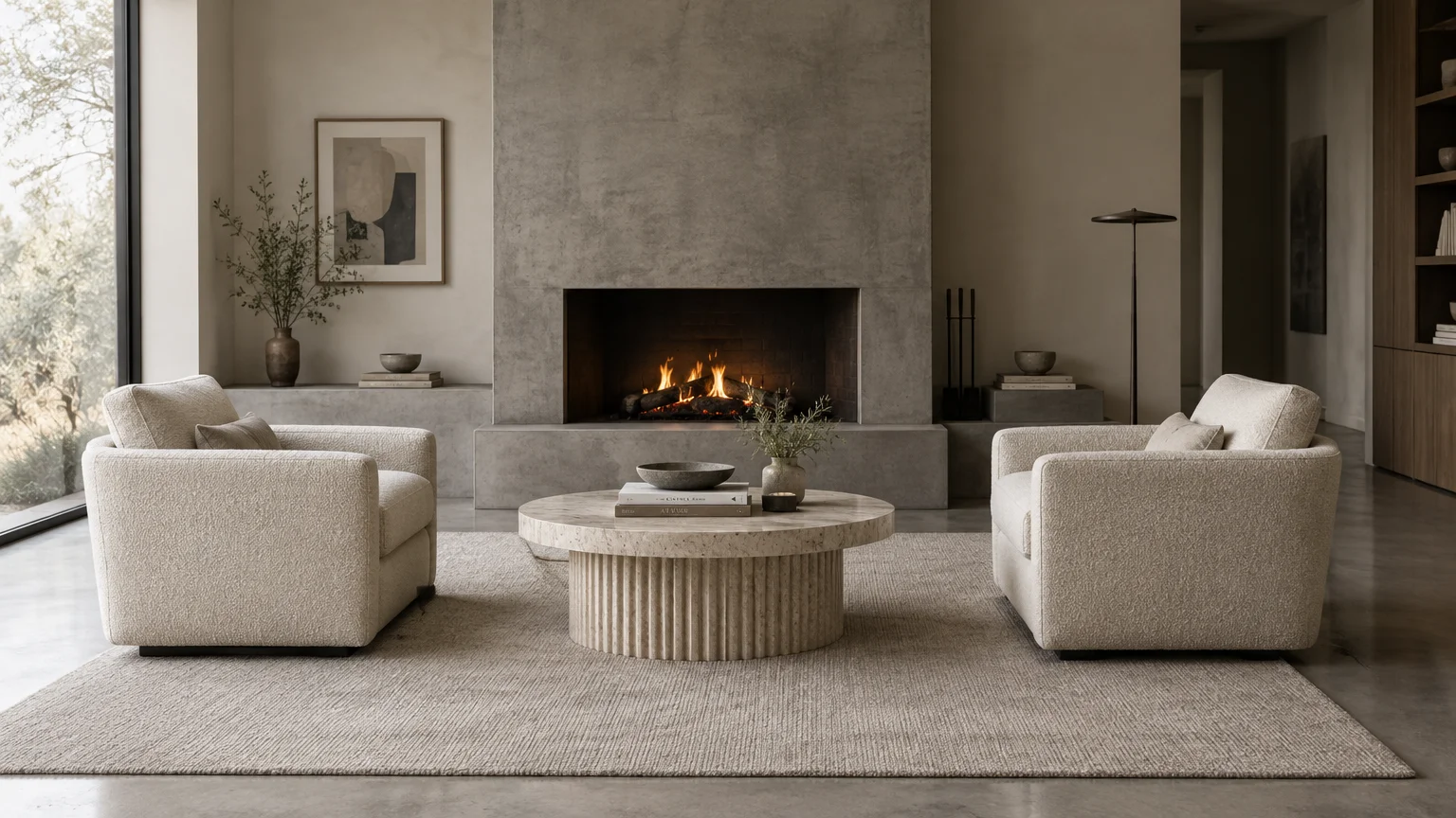 Two cream armchairs face each other across a fluted stone coffee table in front of a modern minimalist fireplace.
