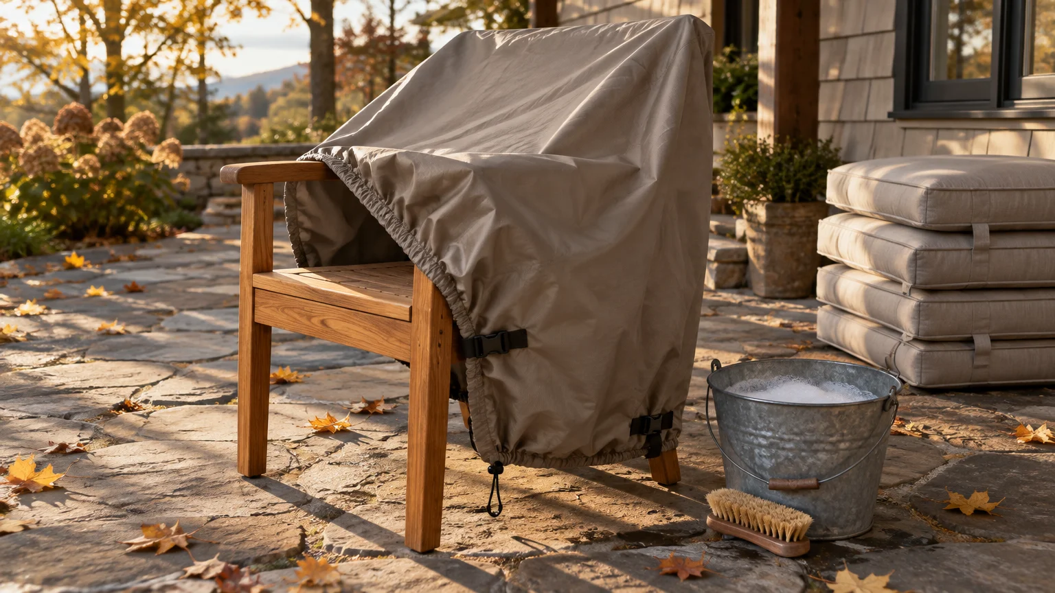 A wooden patio armchair being fitted with a protective cover beside stacked cushions and a soapy wash bucket on a stone patio.