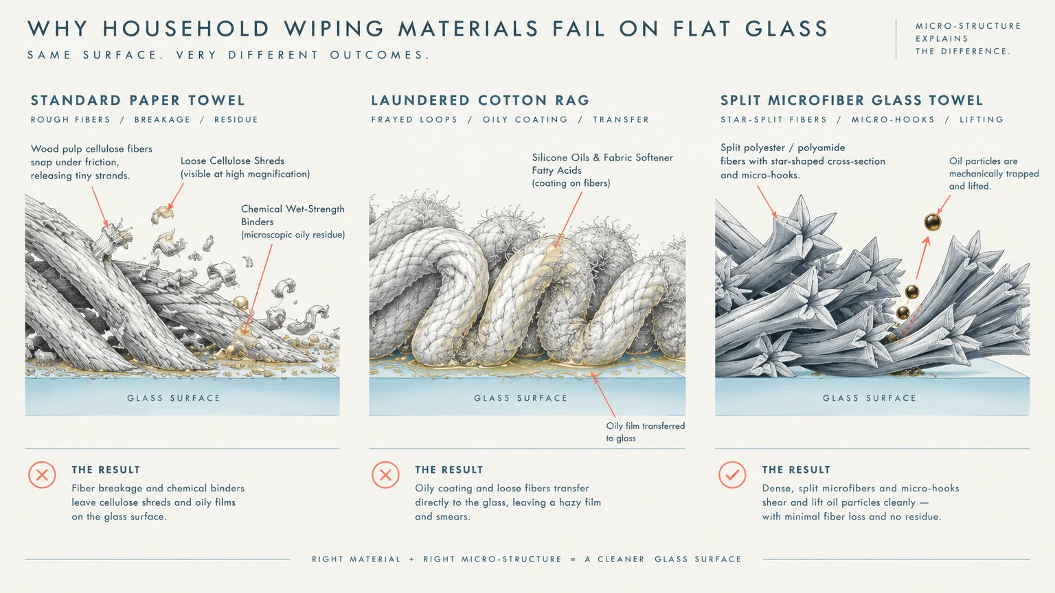 Diagram comparing microscopic fibers of a paper towel, laundered cotton rag, and microfiber towel on glass.