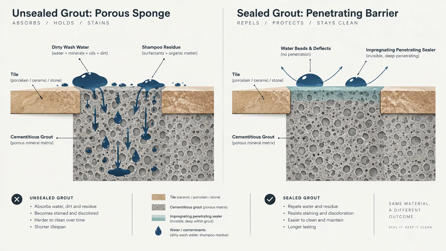 Diagram comparing porous unsealed grout absorbing dirty wash water with sealed grout repelling liquid at the surface.