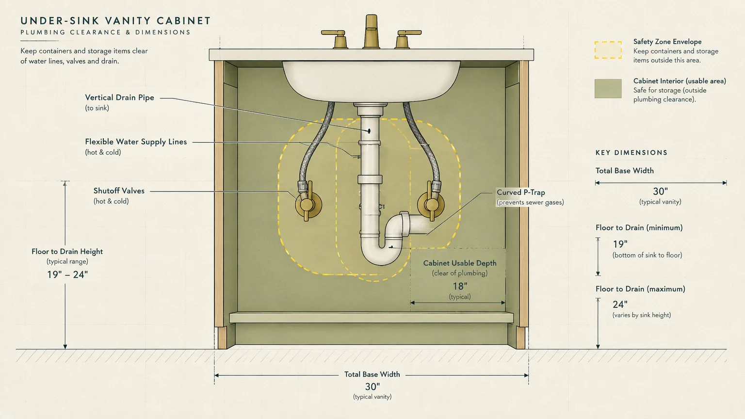 Diagram of under-sink vanity plumbing clearance, highlighting the vertical drain pipe, curved P-trap, and safety zone.