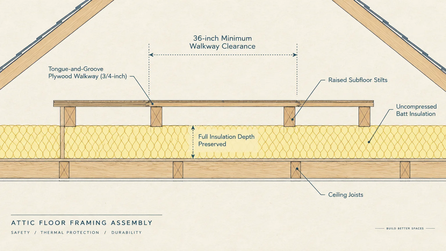 Cross-section diagram of an attic floor framing assembly showing a raised plywood walkway above uncompressed batt insulation.