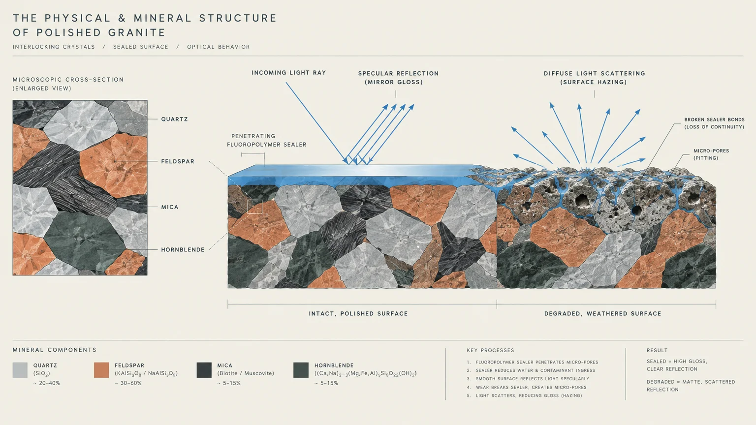 Diagram comparing light reflection on intact, polished granite versus diffuse scattering on a degraded, porous surface.