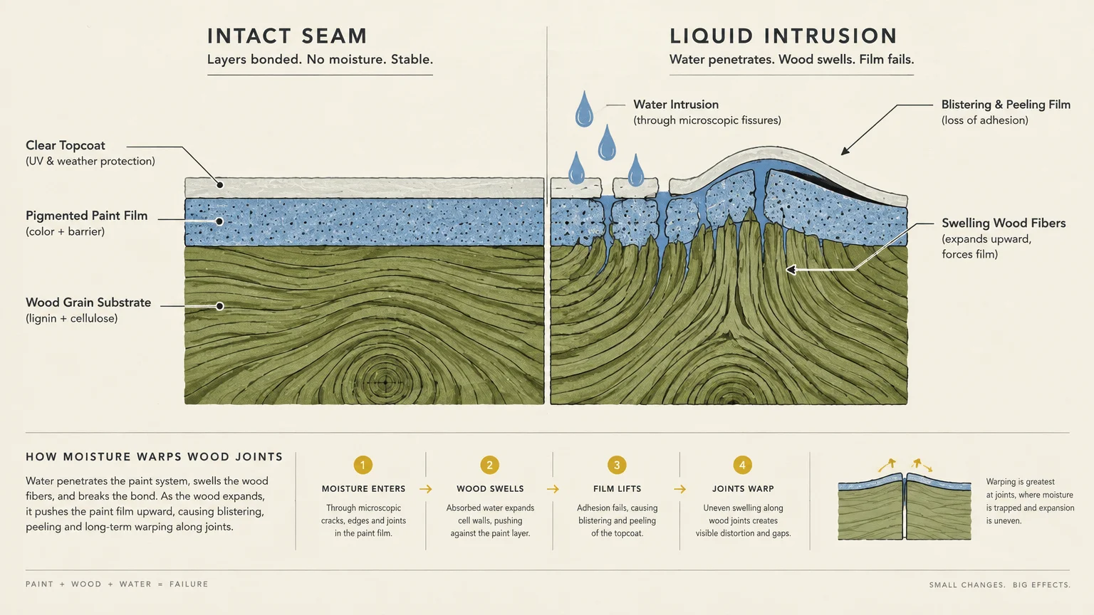 Cross-section diagram showing how water intrusion causes swelling wood fibers, blistering paint, and warped joints.