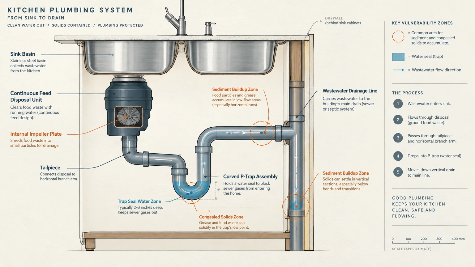 Diagram of an under-sink kitchen plumbing system showing a garbage disposal unit, curved P-trap, and drainage pipes.