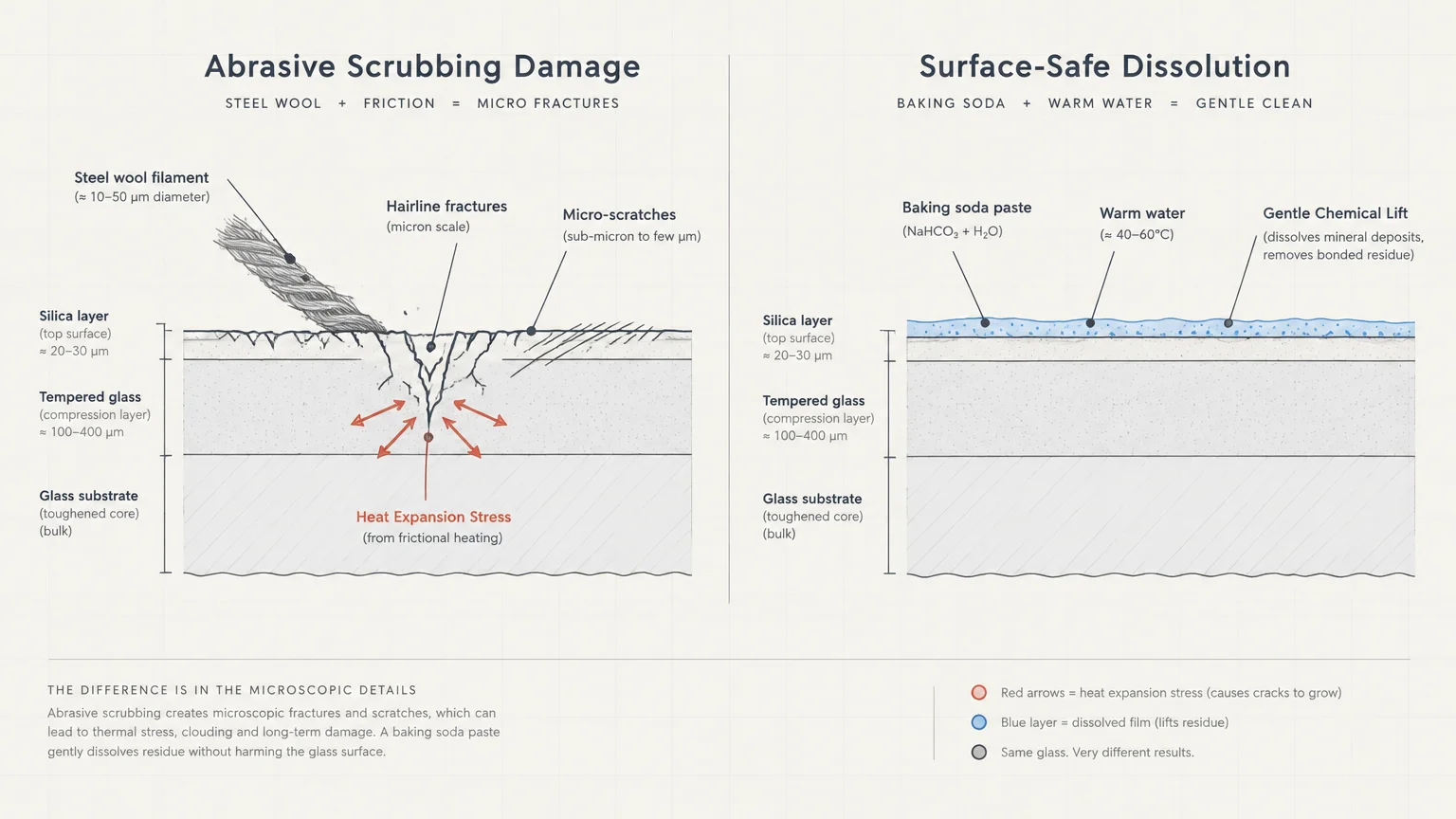 Diagram comparing abrasive steel wool scratching tempered glass under heat stress versus surface-safe cleaning with baking soda.