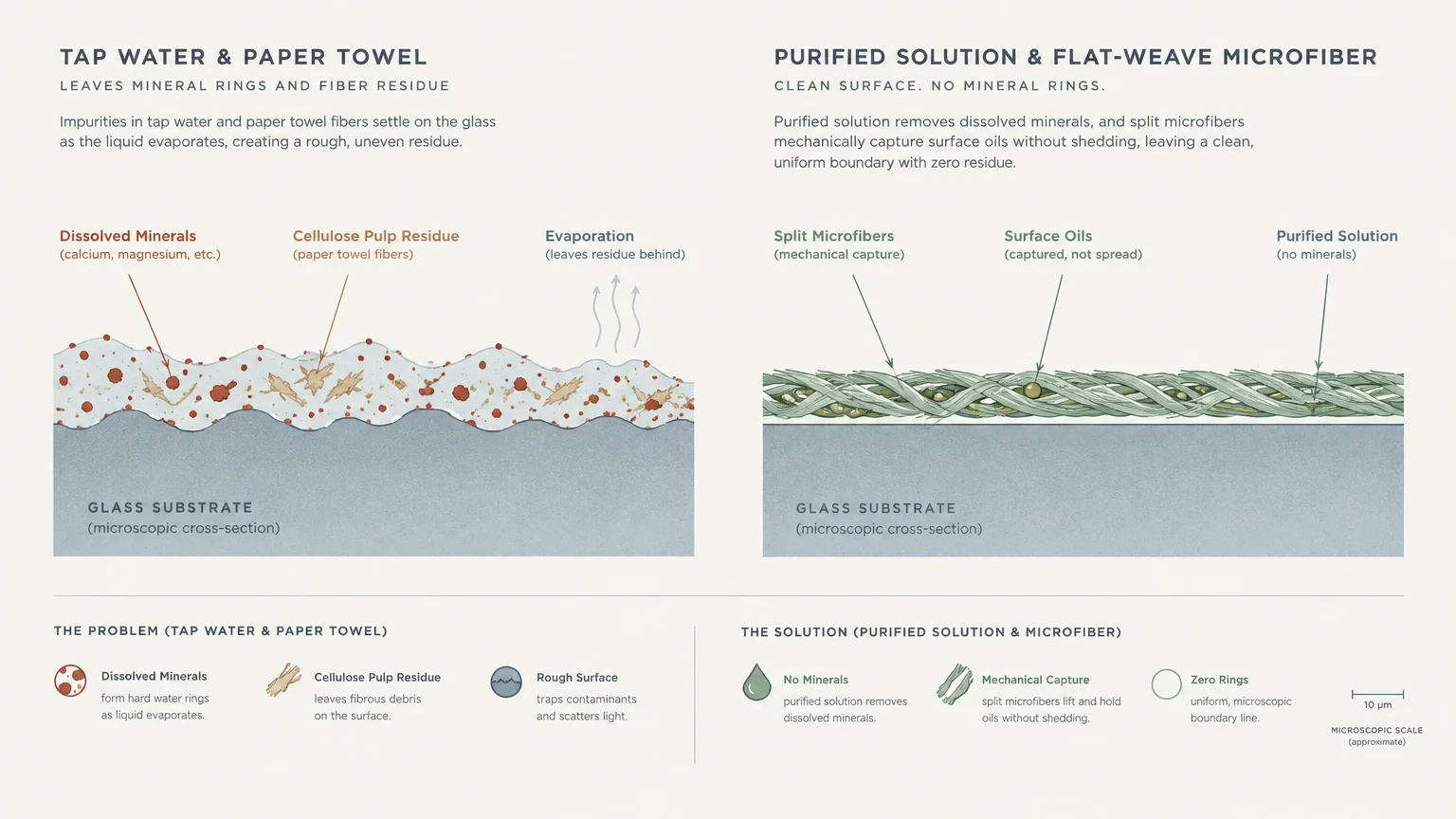 Microscopic cross-section comparing tap water and paper towel residue on glass versus purified solution with microfiber.