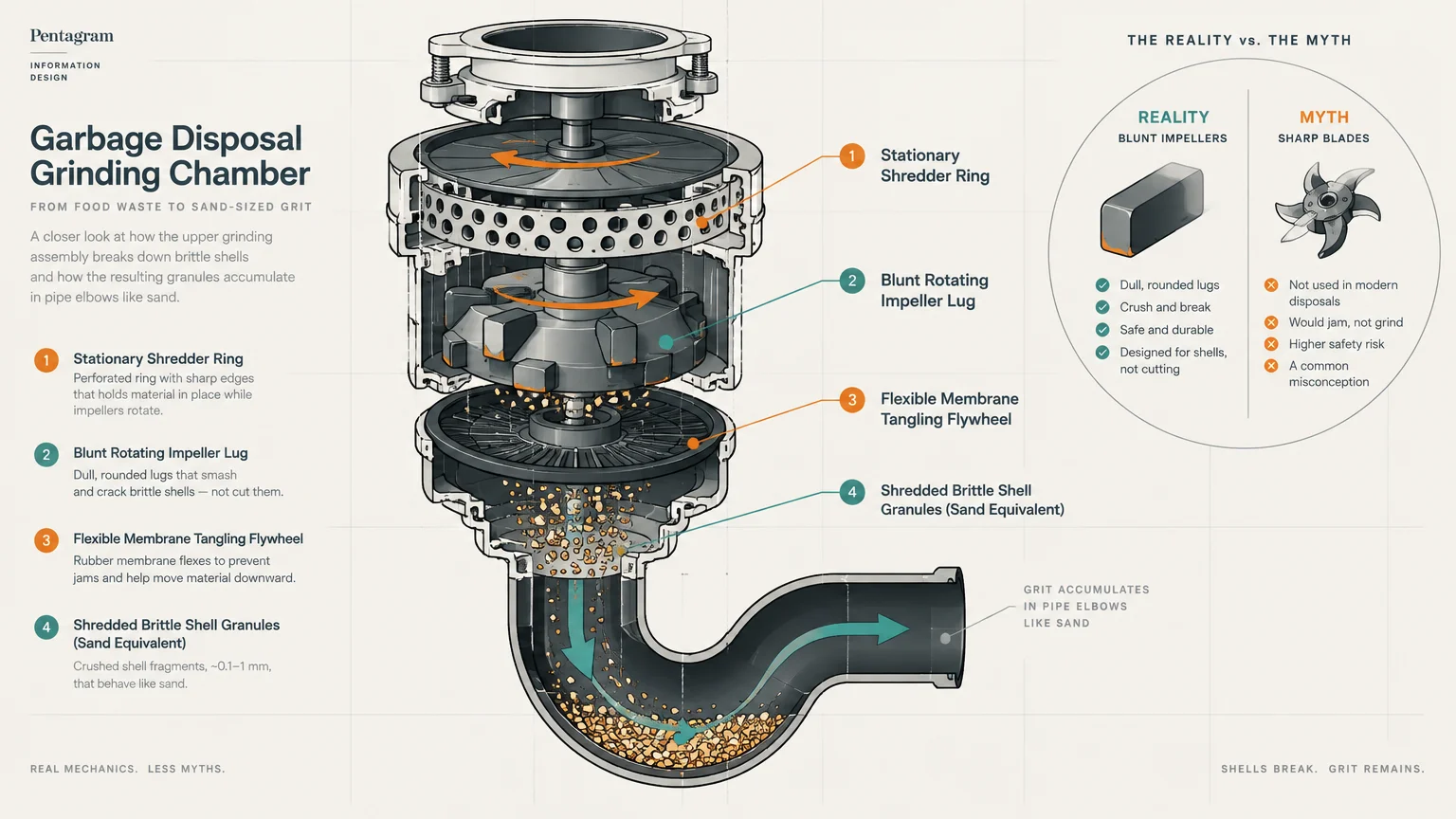 Diagram of a garbage disposal chamber showing blunt impellers grinding eggshell granules into a pipe elbow.