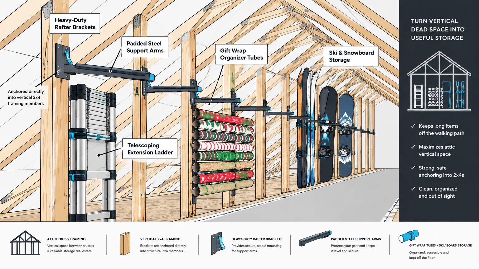 Diagram showing rafter brackets attached to attic trusses holding a ladder, gift wrap tubes, skis, and snowboards.
